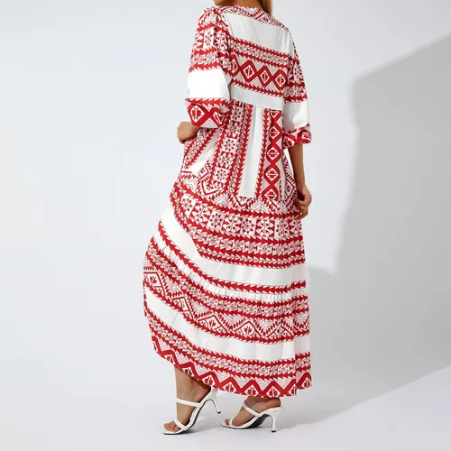 Miniatura 5 de Bowiln Vestido largo con estampado casual para mujer, con lazo frontal, cuello redondo, manga larga, holgado, talla grande