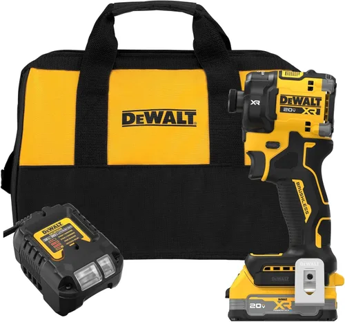 DEWALT Kit de destornillador de impacto inalámbrico hidráulico silencioso de 20 V MAX XR de 1/4 pulgadas con batería POWERSTACK y cargador (DCF870E1)