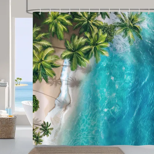 Miniatura 8 de Bonhause Cortina de ducha tropical de playa, cortina de baño bohemia de palmeras hawaianas de mediados de siglo, 72 x 72 pulgadas, tela de poliéster