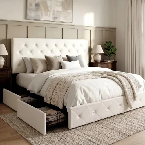 Miniatura 33 de Allewie - Base de cama tapizada de tamaño Full con plataforma, con 4 cajones de almacenamiento y cabecero, diseño cosido en cuadrados con botones
