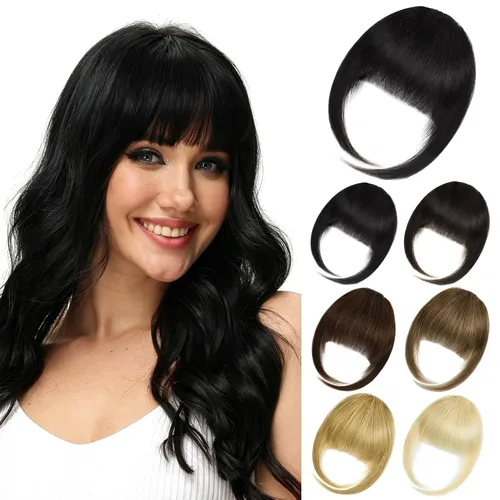 Miniatura 18 de Extensiones de cabello sintético con clip, flequillo francés, con sienes, color marrón ceniza, flequillo falso natural con clip para mujer, uso