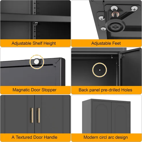 Miniatura 7 de Armario de almacenamiento de metal negro con puerta, armario de despensa de cocina con 3 estantes ajustables, armarios de almacenamiento de 60