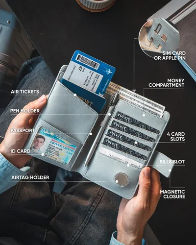 Miniatura 6 de VULKIT Cartera de pasaporte compatible con Airtag Holder Bifold Travel Card Holder, Azul, Moda