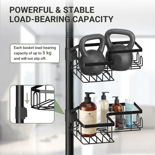 Miniatura 5 de ViviDreamore Poste de tensión de esquina para ducha, organizador de ducha de baño de acero inoxidable de 4 niveles, estantes de ducha ajustables