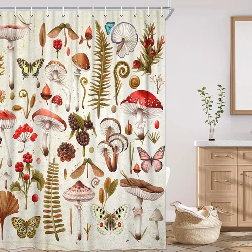 Cortina de ducha vintage de hongos, bosque retro, naturaleza, plantas silvestres, decoración de baño con hongos estéticos, mariposas, hojas, bayas,