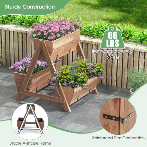 Miniatura 8 de Giantex Cama de jardín vertical elevada, 3 cajas de madera para flores, verduras, frutas y hierbas, maceta de jardín independiente con agujeros