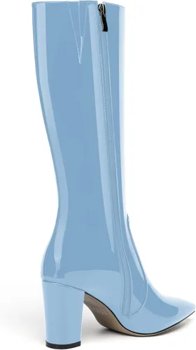 Miniatura 96 de AMBELIGHT Botas altas hasta la rodilla con cremallera y puntera puntiaguda para mujer, de patente sólida, tacón alto, 3.3 pulgadas