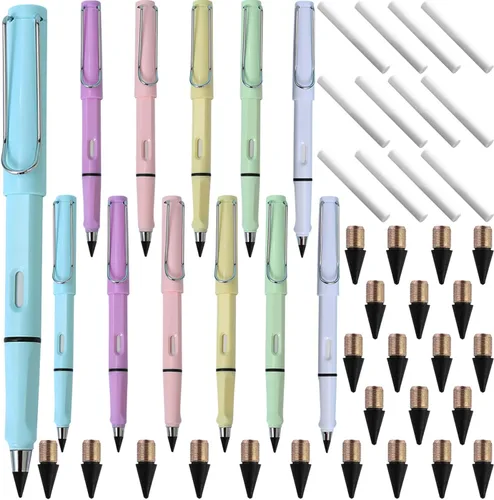 FLTON Juego de 36 lápices portátiles borrables sin tinta (12 lápices eternos con borrador + 24 puntas reemplazables) para escritura y bocetos
