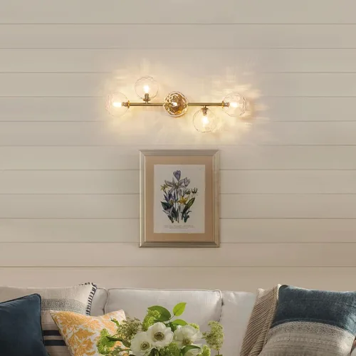 Miniatura 8 de Luminarias de Espejo de Tocador de Baño: Aplique de Pared de Baño Regulable de 5 Luces - Luces de Tocador de Latón Dorado con Pantalla de Vidrio