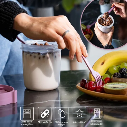 Miniatura 3 de Paquete de 4 Tazas de Desayuno Para Llevar de 22 oz con Tapas y Cuchara, Taza de Cereal y Yogur Reutilizable con Topping, Recipiente de Plástico