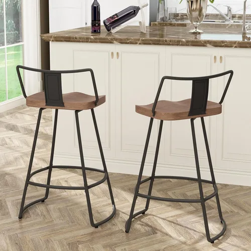 Miniatura 4 de Taburetes de bar giratorios de 24 pulgadas con respaldo, juego de 2 sillas de bar de metal con asiento de madera, taburetes de bar industriales