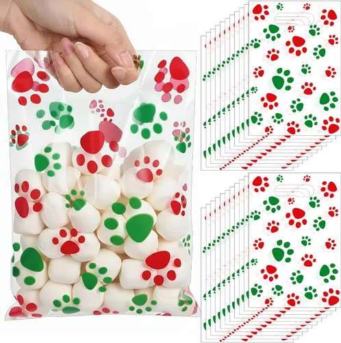 Miniatura 23 de Pasimy 100 bolsas de regalo de pata de perro a granel, diseño de pata de mascota, bolsas de plástico con asa para decoración de fiesta de cumpleaños