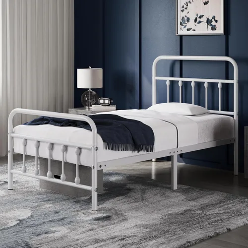 Miniatura 3 de Yaheetech Base de cama clásica de metal con base de colchón con estilo victoriano, cabecera, estribo, almacenamiento debajo de la cama, no necesita