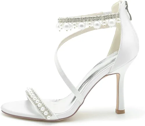 Miniatura 4 de Zapatos de novia para mujer, con puntera abierta, tacón alto, correa en el tobillo, zapatos de vestir, informales, formales, para bodas, fiestas