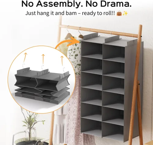 Miniatura 4 de ALLTIDYUP Organizador de armario colgante de doble fila: estantes plegables de almacenamiento de ropa con 3 ganchos, organizador de armario que Gris