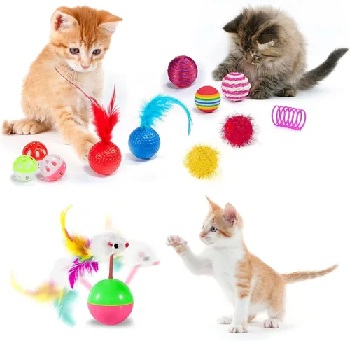 Miniatura 4 de AILUKI 35 PCS Surtidos de juguetes para gatos y gatitos, variedad de juguetes de hierba gatera que incluye túnel de 2 vías, vara con plumas