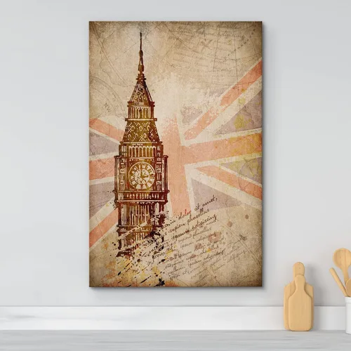 Miniatura 2 de wall26 Lienzo impreso para pared, diseño retro, vintage, bandera de Union Jack, arquitectura y mapas del Big Ben, arte digital, arte moderno