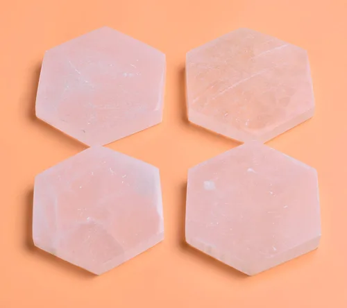 Miniatura 7 de AMOYSTONE 4 posavasos hexagonales pequeños de selenita marroquí y estación de carga de Reiki, placa de cristal plana/bandeja para equilibrio
