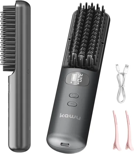 Kawu Plancha eléctrica para el cabello, peine caliente portátil inalámbrico para viajes, de iones negativos de cerámica, mini peine alisador,