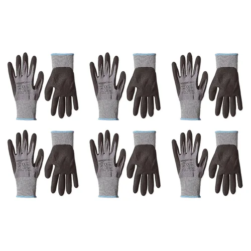Miniatura 2 de Amazon Basics Guantes con revestimiento de nitrilo de microespuma, fibra de forro de nailon, pantalla táctil, gris, talla 7 (S), paquete de 6