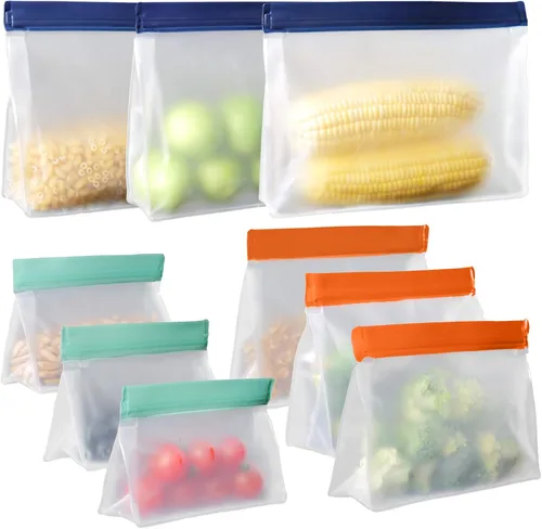 Meetall Paquete de 9 bolsas reutilizables para almacenamiento de alimentos, 3 tamaños mezclados. Bolsas de tamaño de 3 galones para carnes, pescado