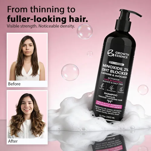 Miniatura 5 de Champú Minoxidil al 2% para mujer – Growth Essence Premium, champú para el crecimiento del cabello con biotina, cafeína y bloqueadores de DHT