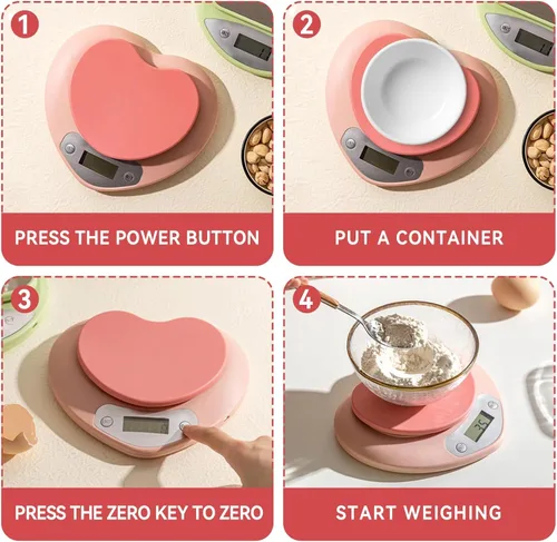 Miniatura 3 de Linda báscula de alimentos, báscula digital en forma de corazón con pantalla LCD recargable para cocinar, hornear, pesar alimentos [0.04 oz/11.0 lbs]