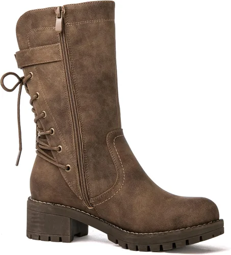 Miniatura 3 de Globalwin - Botas de motociclista para mujer, agujetas, a media pantorrilla, estilo militar, para festivales
