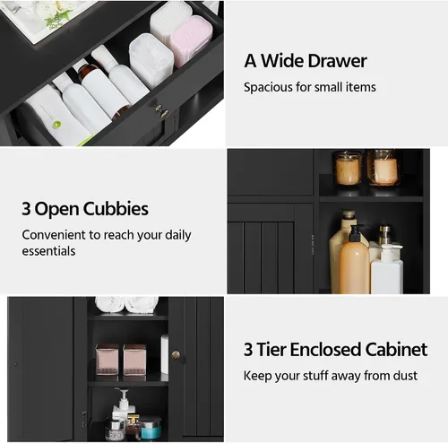 Miniatura 6 de Yaheetech Armario de almacenamiento para baño, armario de piso de baño con 2 puertas y 1 cajón, unidades de almacenamiento con 3 compartimentos