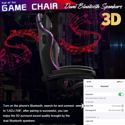 Miniatura 7 de Silla ergonómica para juegos profesional con soporte lumbar de masaje completo, altavoces Bluetooth, respaldo ajustable, color blanco
