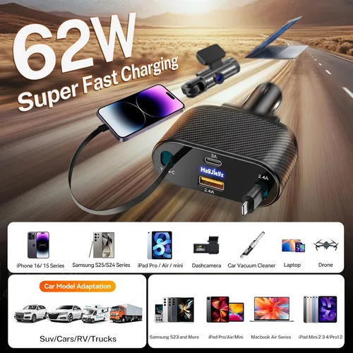 Miniatura 3 de MAGJIEYX Cargador retráctil para automóvil 4 en 1, adaptador de carga rápida MAGJIEYX de 62 W, cables retráctiles tipo C/USB-i y dispositivos USB