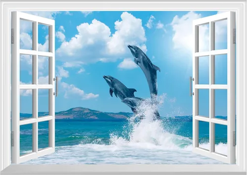 Miniatura 11 de FLFK Adhesivo de pared con ventana falsa - Mural de pared con ventana falsa de atardecer en la playa para decoración de pared, adhesivos de pared