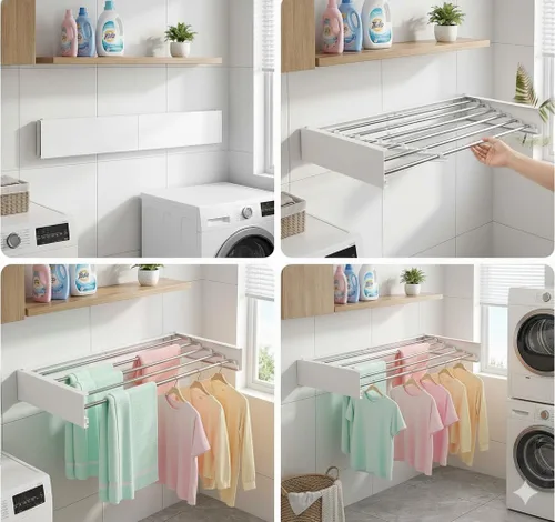Miniatura 3 de Estante de secado para montar en la pared, 31.5 pulgadas, plegable, resistente a 60 libras, estante de lavandería que ahorra espacio, resistente a