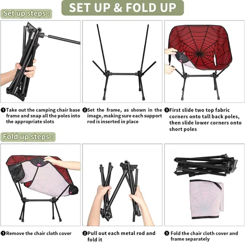 Miniatura 6 de Silla de camping portátil, sillas plegables para exteriores, silla ligera de tela roja, sillas de playa plegables al aire libre para adultos, pesca