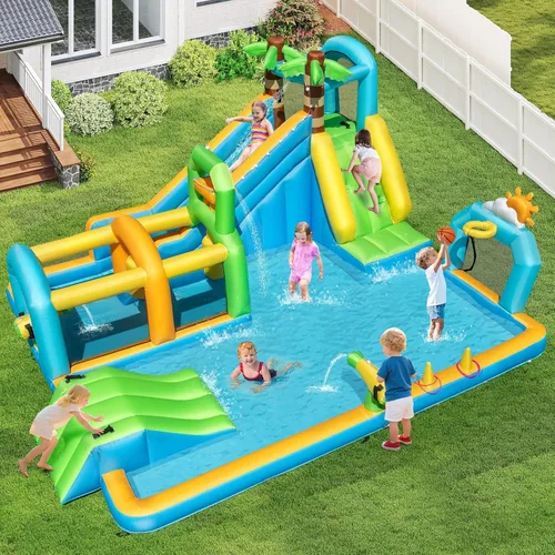 Miniatura 4 de BOUNTECH Parque inflable de tobogán acuático, castillo hinchable de tobogán acuático 9 en 1 con piscina grande, carrera de obstáculos, tobogán