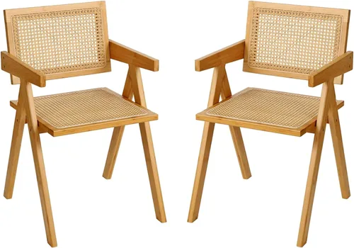 Miniatura 13 de Furlide Juego de 2 sillas de comedor de ratán, sillas de comedor modernas de mediados de siglo con brazos, sillas de bambú para exteriores