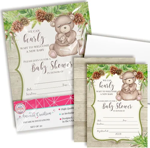 AmandaCreation - Invitaciones para baby shower de Woodland Mom & Baby Bear para niños o niñas, 20 invitaciones de doble cara de 5 x 7 pulgadas con