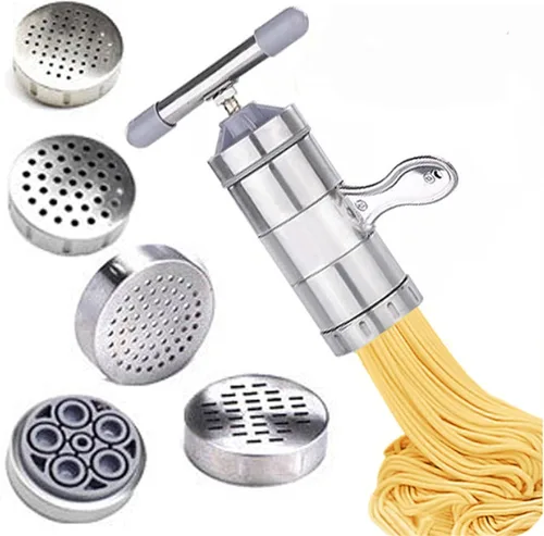 Prensa manual de fideos de acero inoxidable, manivela de mano, máquina de prensa de masa de fettuccine para fideos, máquina de pasta con 5 moldes de