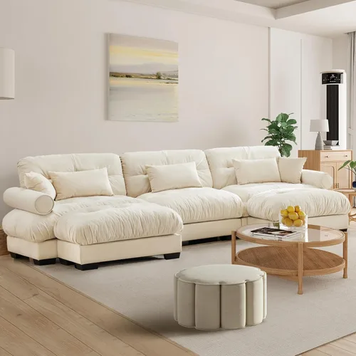 Miniatura 31 de Reposapiés Otomano Tapizado de Terciopelo con Cojín para Sofá Seccional Sofá 300 libras para Sala de Estar (Beige)