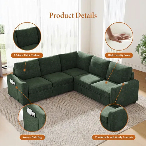 Miniatura 3 de Vesgantti Sofá Seccional con Cama de 88.4" con Cama Extraíble, Sofá Seccional Modular en Forma de L de 5 Asientos con Almacenamiento, Cómodo Sofá