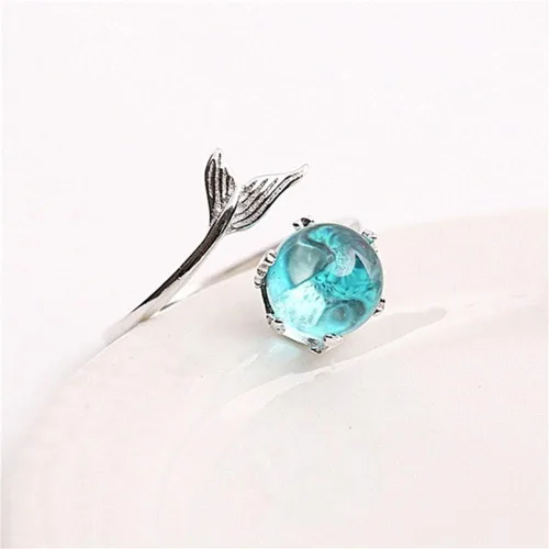 Miniatura 6 de Czjewelry Anillo abierto de cristal azul sirena de princesa del océano tamaño ajustable para mujeres y niñas Cristal circonita