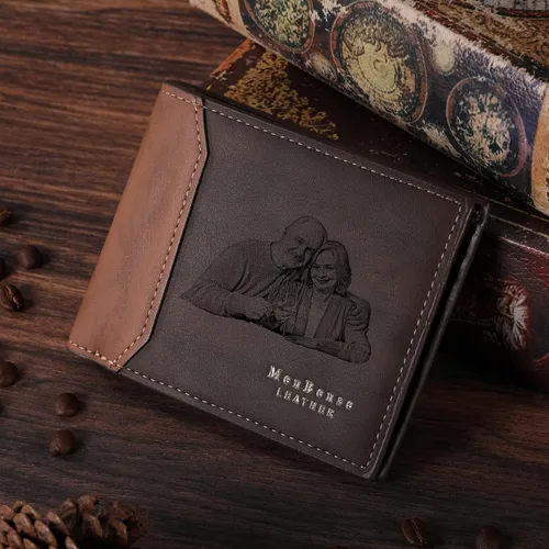 Miniatura 31 de INBLUE Billetera plegable grabada personalizada, cartera de cuero personalizada con foto y texto grabado, regalos para hombres, marido, papá, hijo