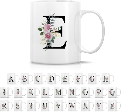 Miniatura 23 de Retreez Ramo botánico floral inicial A-Z con monograma, taza con monograma de cerámica de 11 onzas, regalo de agradecimiento de agradecimiento
