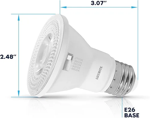 Miniatura 3 de LUXRITE Foco LED PAR20 de Inundación, Equivalente a 50W, 5 Colores Seleccionables 2700K-5000K, 550 Lúmenes, 7W, Foco LED Regulable, Clasificación
