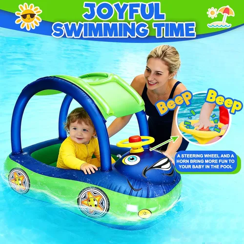 Miniatura 3 de iGeeKid Flotador inflable de piscina para bebé con toldo, asiento de seguridad para bebé, flotadores de natación en forma de automóvil, flotadores