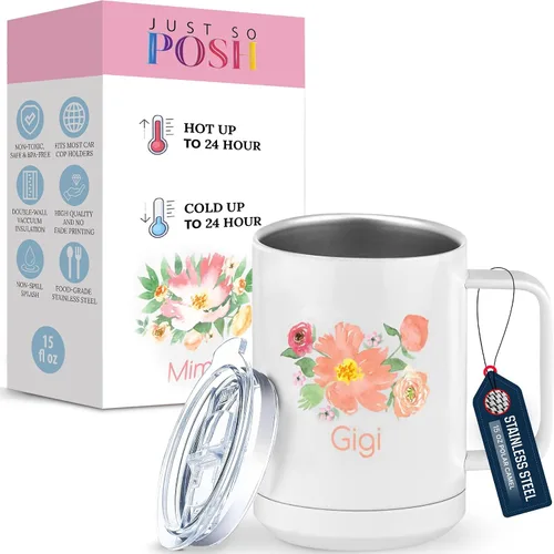 Miniatura 11 de Just So Posh Abuela Flowers - Vaso de café con asa y tapa deslizante, color blanco de 15 onzas, color camello polar, acero inoxidable, aislado al