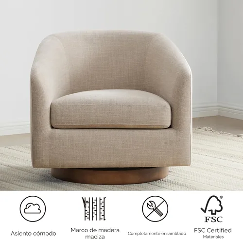 Miniatura 3 de CHITA - Silla decorativa giratoria con diseño de barril tapizada, certificada FSC, para sala de estar, completamente ensamblada, beige lino Lino
