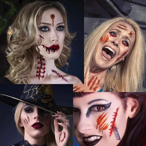 Miniatura 2 de Tatuajes de Halloween, 30 hojas de tatuaje temporal, tatuajes realistas de Halloween, cicatrices de zombies, tatuajes falsos sangrantes para heridas