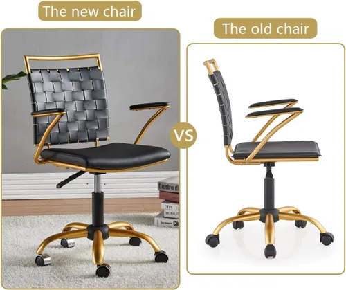 Miniatura 4 de Cómoda silla de oficina con respaldo medio, silla de escritorio de cuero dorado y negro con respaldo tejido y cojín grueso, silla giratoria