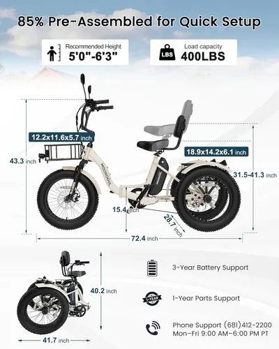 Miniatura 7 de MOONCOOL Triciclo eléctrico para adultos, 20 x 4 pulgadas, triciclo eléctrico con neumáticos gruesos, bicicleta eléctrica de 3 ruedas de 48 V, 500